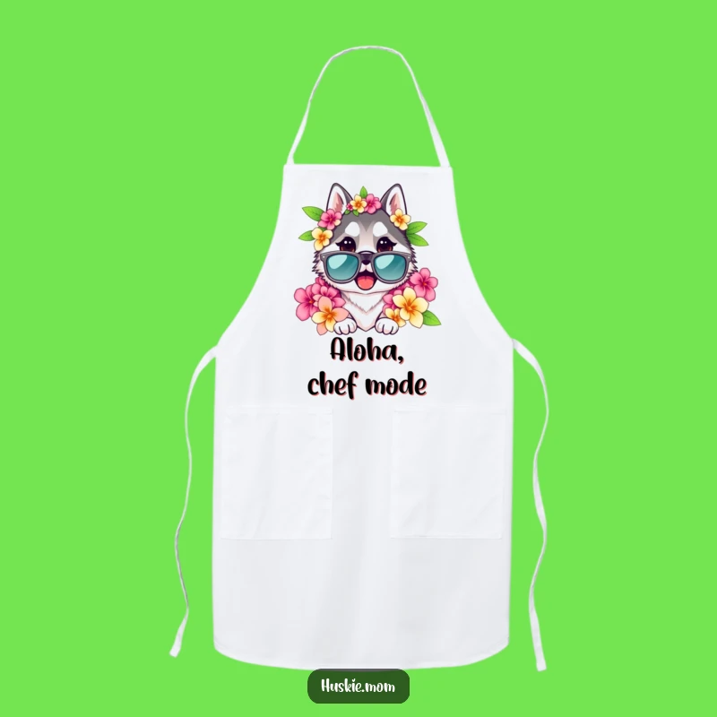 Funny Husky Lady Apron: Cool Sunglasses & Lei, Hilarious Kitchen Accessory
