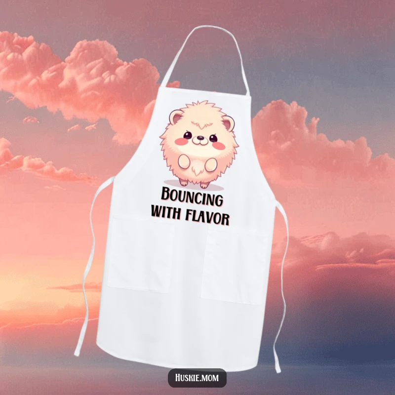 Funny apron featuring a fluffy animal gleefully bouncing, designed to bring humor and fun to kitchen tasks.