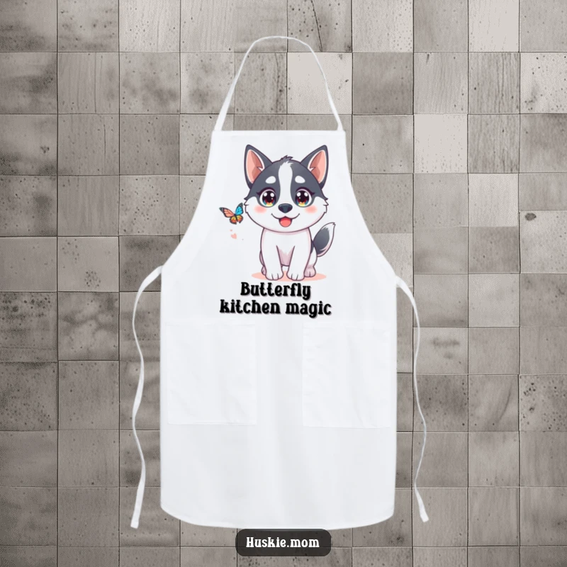 Funny Kawaii Husky Apron: A cute husky playfully chases a butterfly, ideal for humorous kitchen protection.
