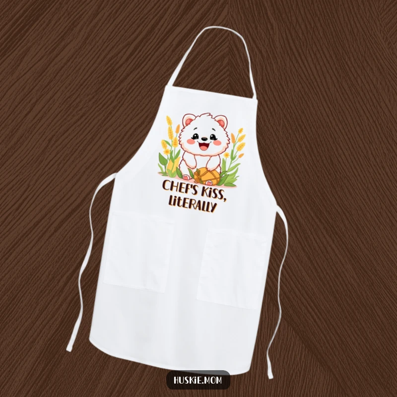Funny Apron: Kitchen apron with a fluffy animal grinning widely after a harvest, perfect for adding humor to cooking and baking.