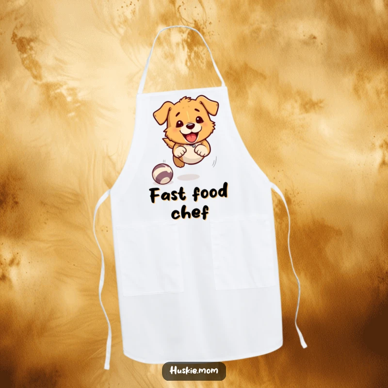 Fast Chasing Dog Apron: A dog playfully chases a ball with speed lines, a comical apron for kitchen enjoyment.