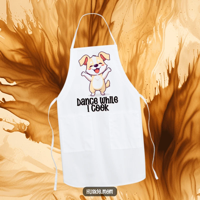 Funny dog dancing apron, depicting a dog joyfully dancing with flying ears while cooking, adding humor to kitchen tasks.