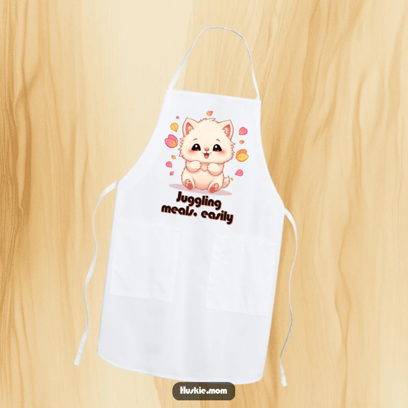 Funny apron depicting a fluffy animal with eyes full of mirth, juggling a shower of colorful petals with its paws.