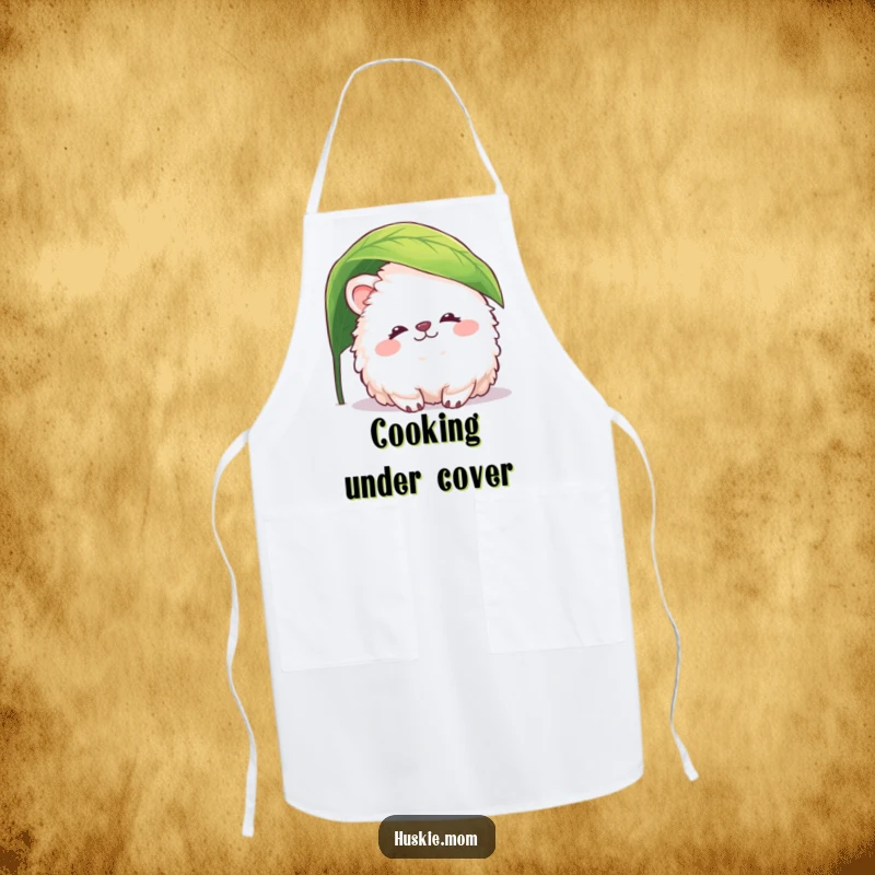 Funny fluffy animal apron showing a creature peacefully peeking from under a leaf, a humorous and practical accessory for the kitchen.