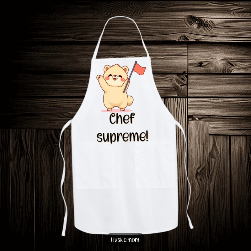 Funny fluffy animal standing tall, waving a small flag, cheerful kitchen apron, victory celebration design.