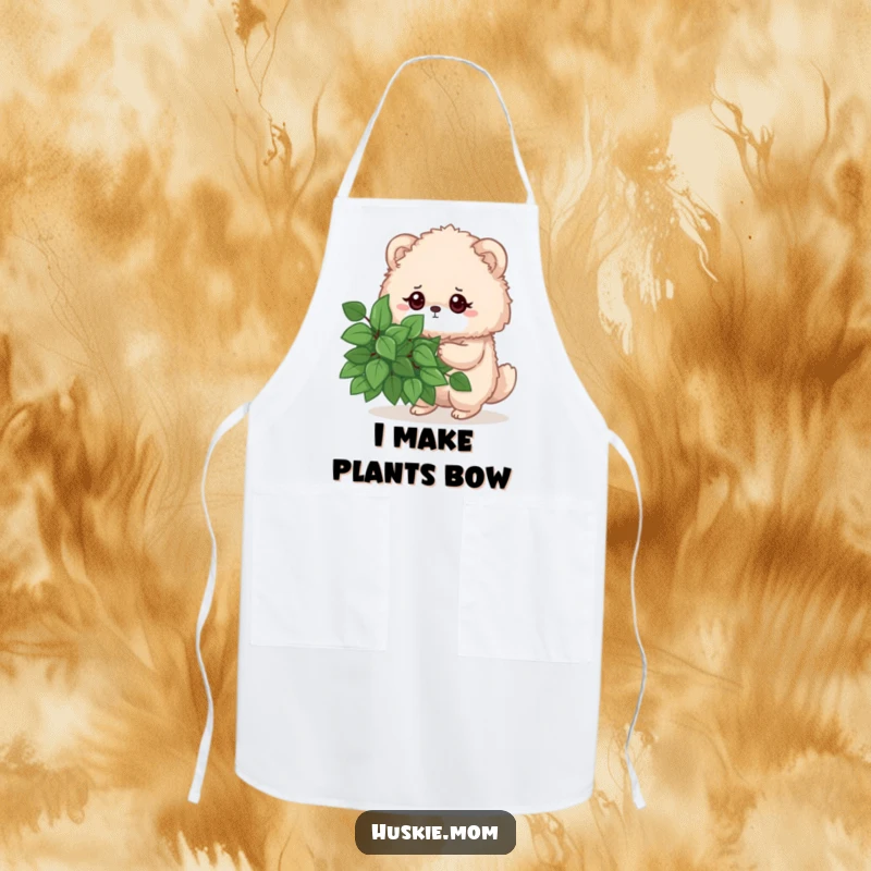 Funny apron featuring a fluffy animal with a determined gaze pruning a leafy bush, a humorous protective garment for creators.