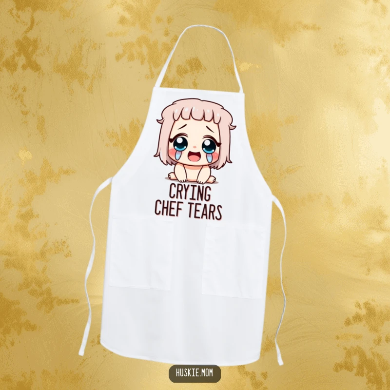 Funny kitchen apron featuring a character crying tears of joy, eyes shut in laughter, bringing a cheerful vibe to cooking.