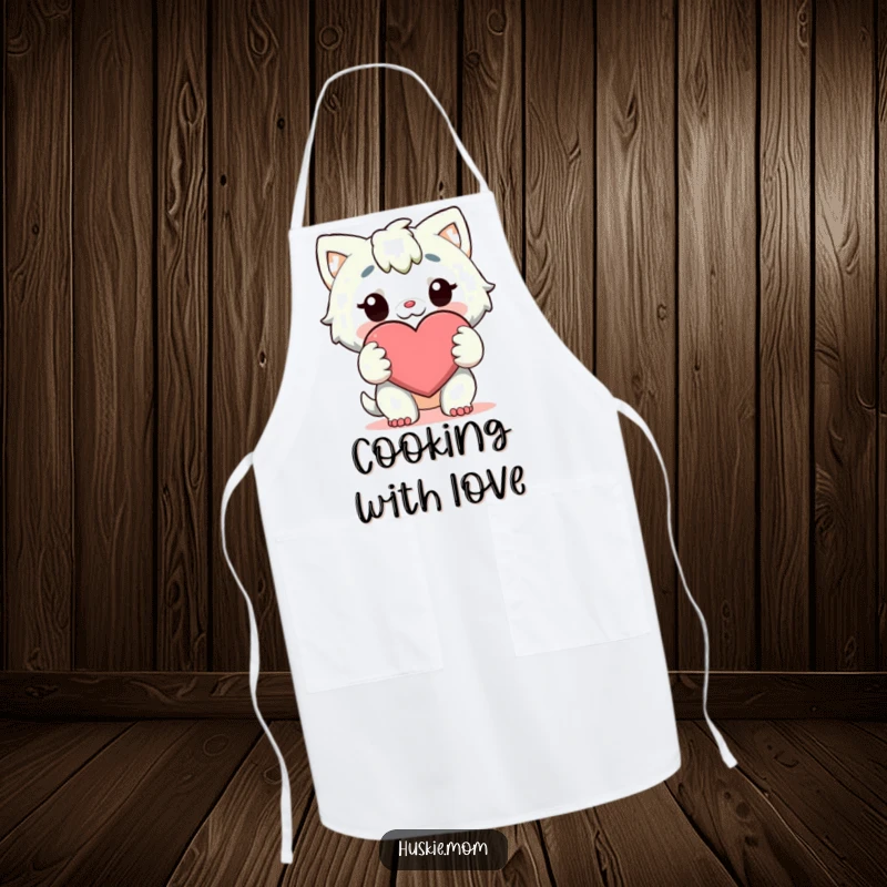 Funny Apron: A character holds a large, cheerful heart with both paws, ready to add a loving flair to your kitchen tasks.
