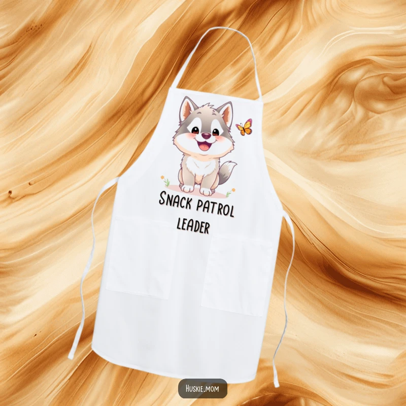 Funny Husky Apron: A fluffy husky, beaming with a smile, chases a butterfly while you cook, adding humor to the kitchen.
