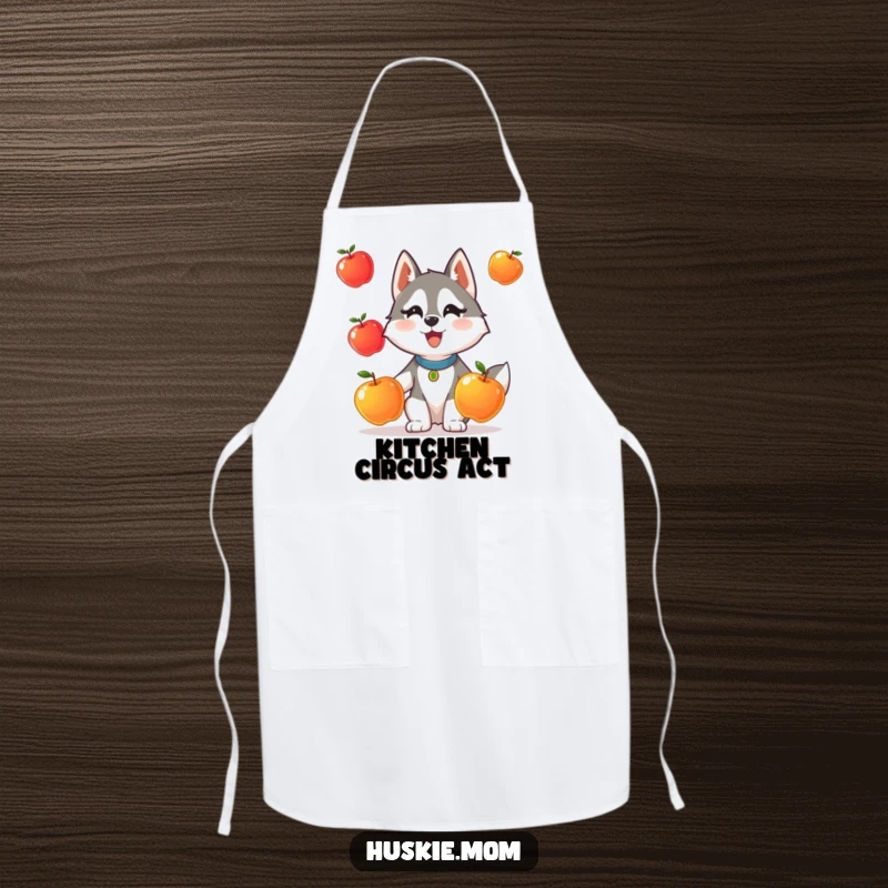Funny apron showing a Husky lady animal comically attempting to juggle three shiny apples.