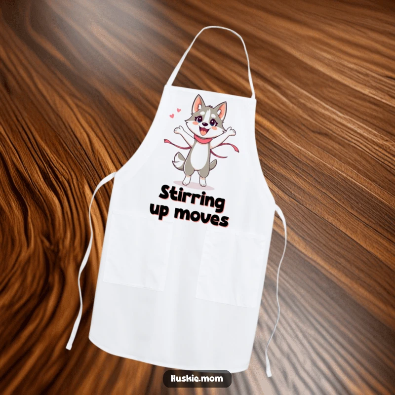 Funny Husky Lady Apron, functional and humorous, depicting an energetic husky lady performing a silly dance with a ribbon.
