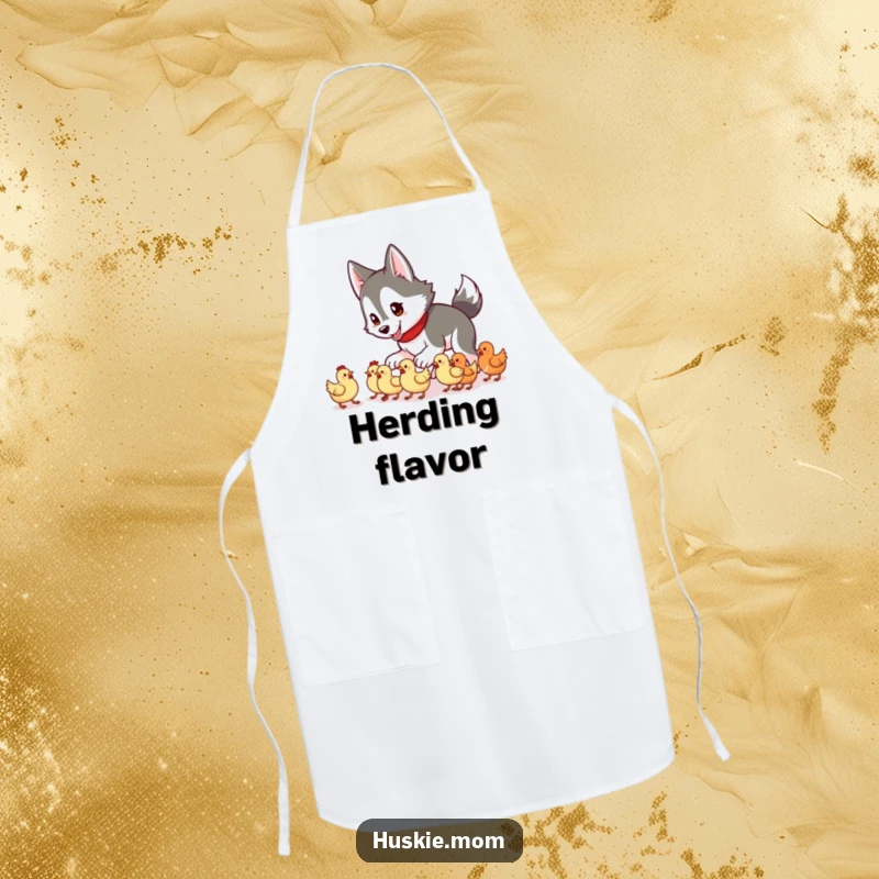 Funny Husky Lady Apron showing a husky trying to herd a group of tiny chickens, perfect for kitchen fun.