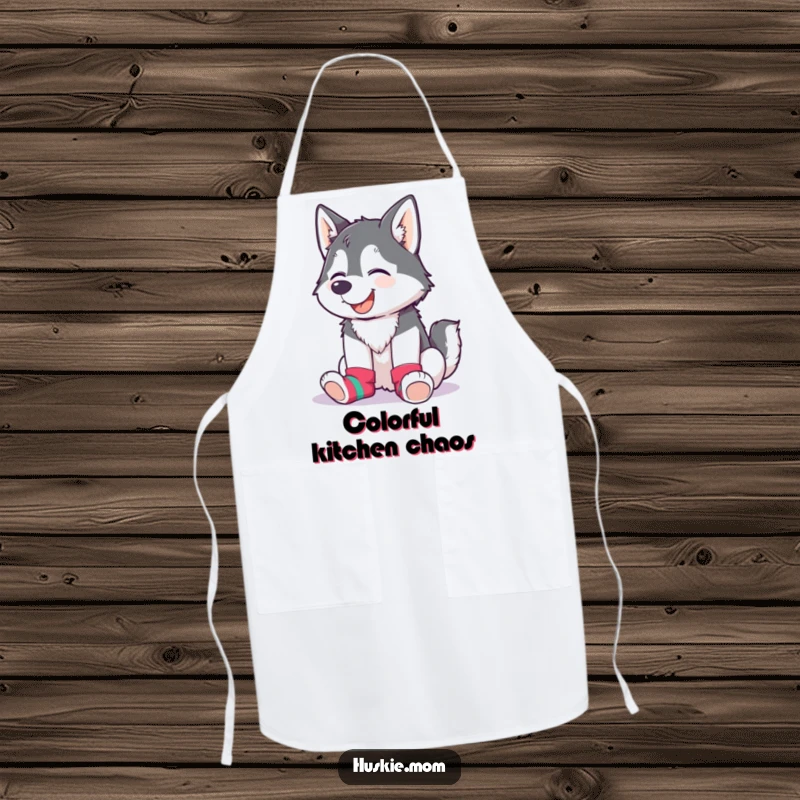 Funny Husky Lady Apron showing a giggling husky wearing mismatched colorful socks, perfect for kitchen fun.