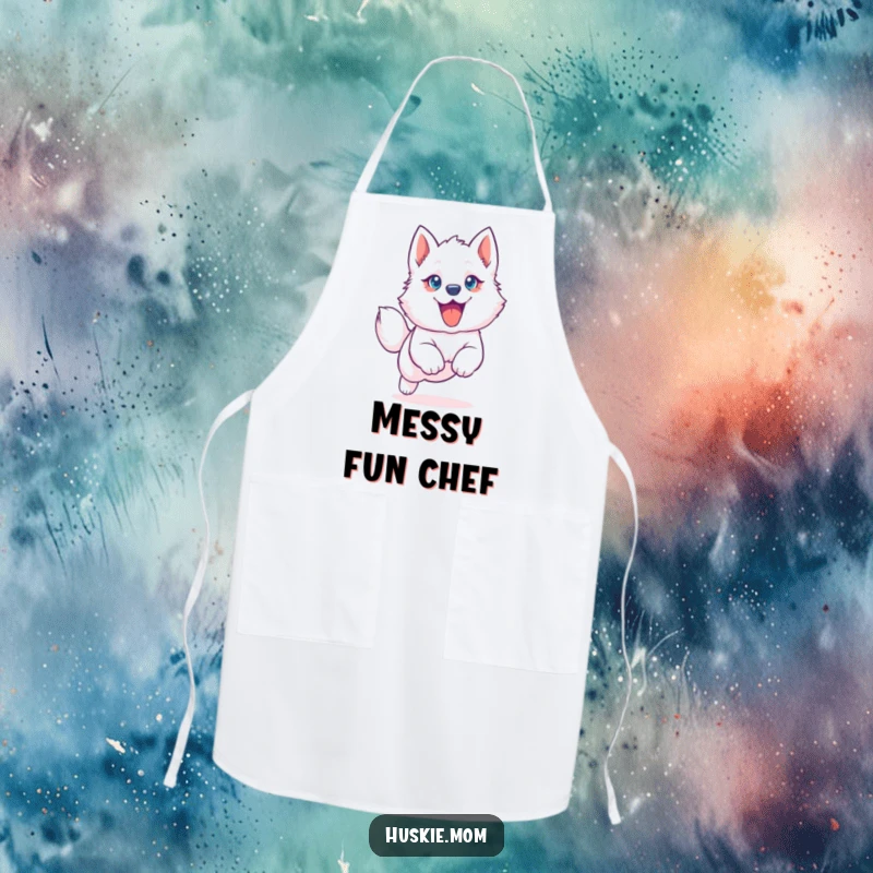 Funny Husky Puppy Apron: Kitchen apron featuring a joyful husky puppy mid-leap, practical and funny gift.
