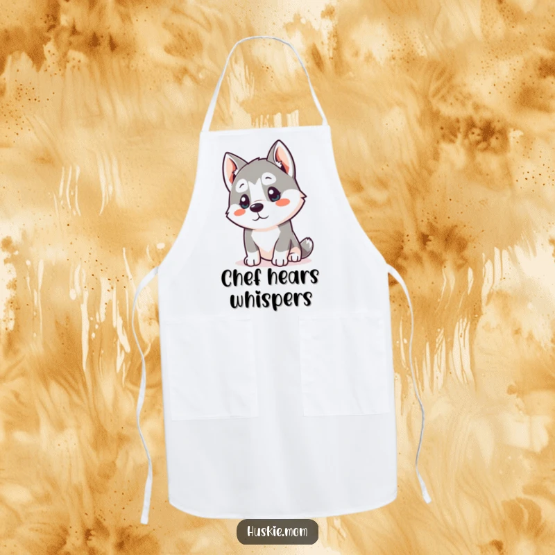 Funny Kawaii Husky Apron: A cute husky tilts its head listening intently, ideal for humorous kitchen protection.
