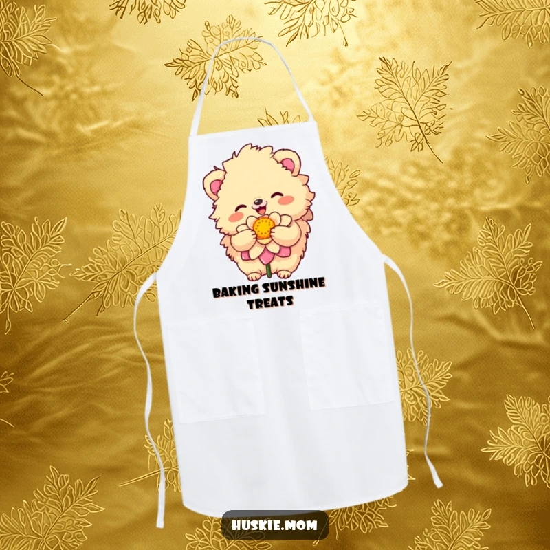 Funny Apron with a fluffy animal’s sunny disposition embracing a colorful bloom, perfect for cheerful kitchen activities.