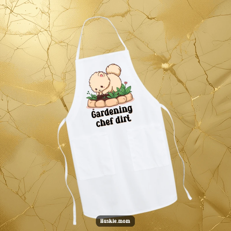Funny fluffy animal with a bushy tail digging in a garden bed while wearing an apron, bringing garden humor, a great funny gift.