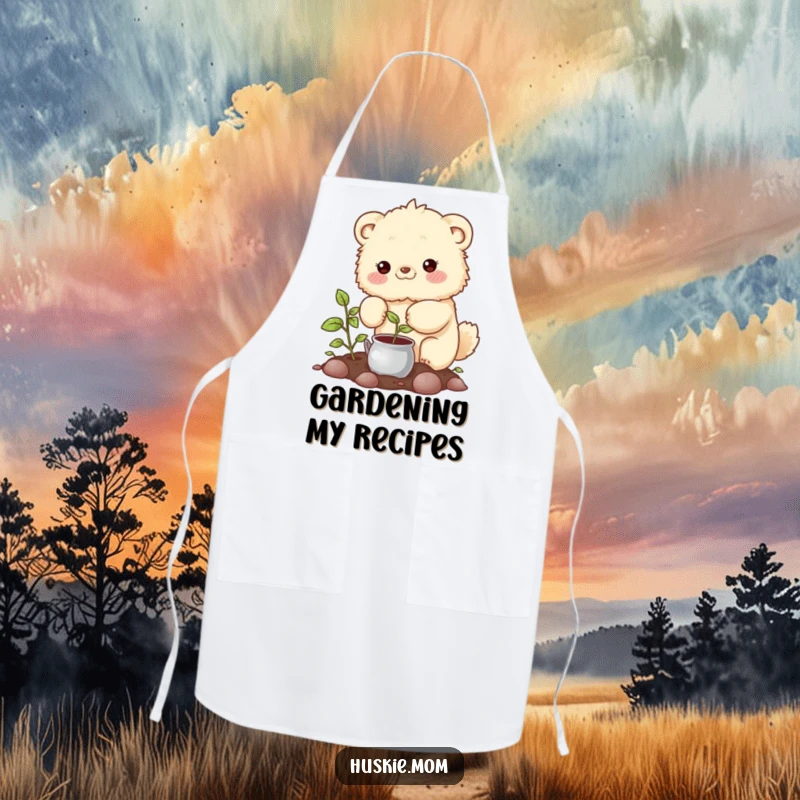 Funny Apron: A cute fluffy animal with rosy cheeks carefully watering a plant, perfect for garden tasks.