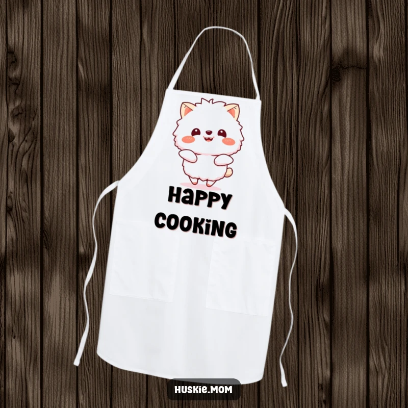 Funny apron depicting a fluffy animal bouncing enthusiastically with a beaming smile, ideal for adding humor and cheer to cooking activities.