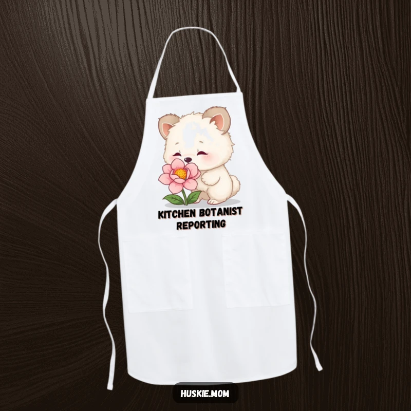 Funny Apron: Kitchen apron with a fluffy animal curiously sniffing a flower, perfect for adding humor to cooking and gardening.
