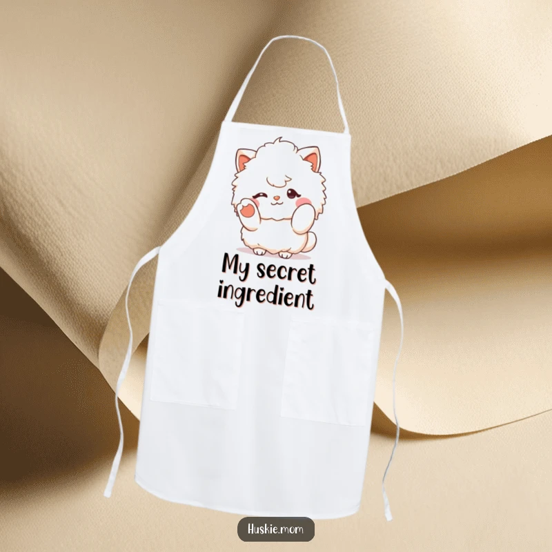 Funny fluffy character winking and gesturing with a paw, on a kitchen apron for a humorous and cute cooking experience.