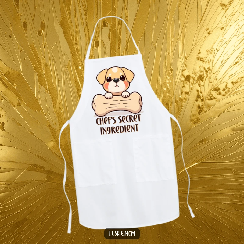 Peek-a-Boo Bone Dog Apron: A small, round dog peeks from behind a large bone, a comical apron for kitchen enjoyment.