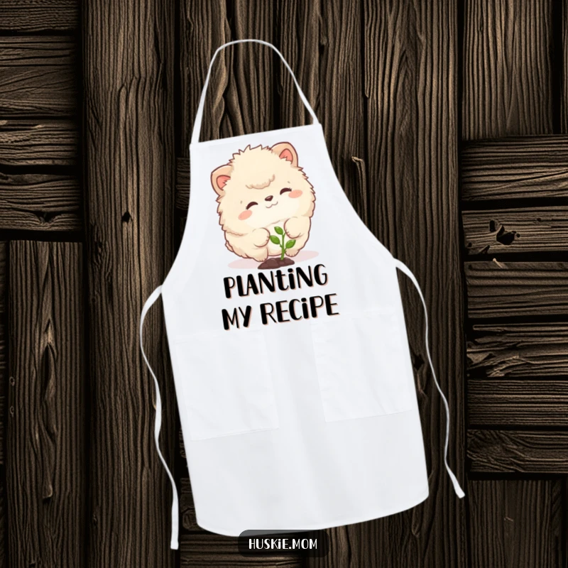 Funny apron featuring a fluffy animal with a curious expression nudging a tiny sprout, a humorous protective garment for gardeners.
