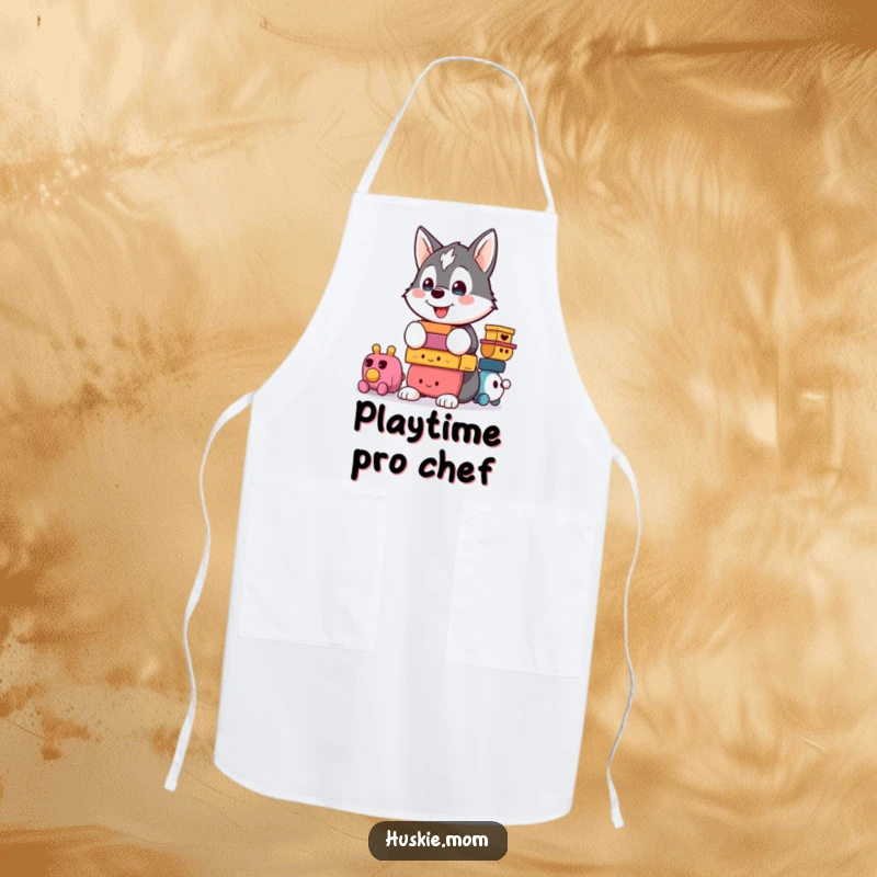 Funny Kawaii Husky Apron: A proud husky wears an apron, humorously balancing a pyramid of kitchen utensils.