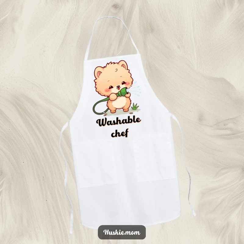 Funny apron depicting a fluffy animal playfully spraying water from a garden hose, ideal for adding humor and protection during cooking.