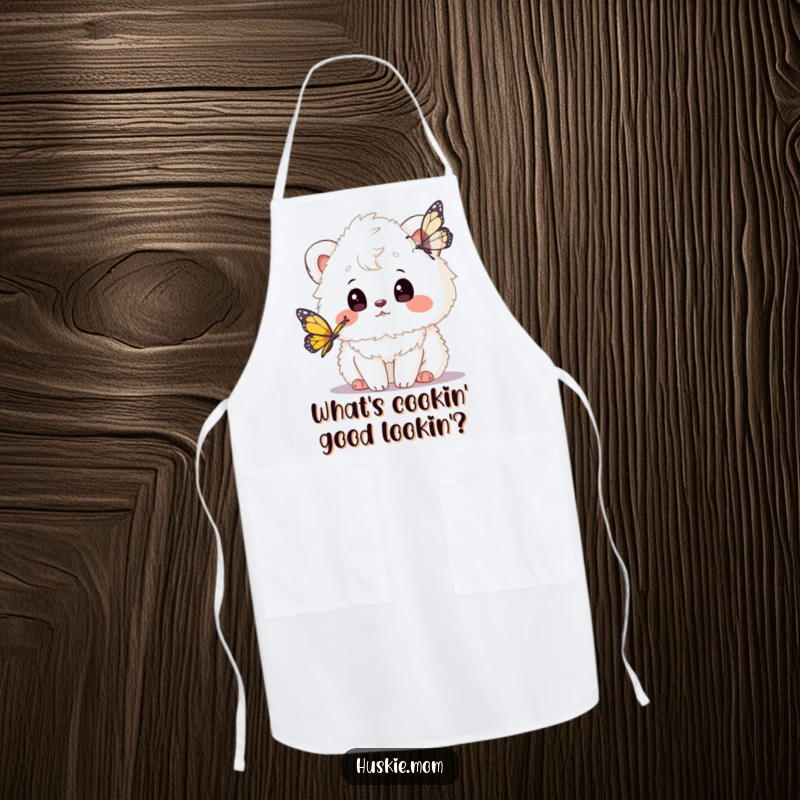 Funny fluffy animal apron showing a curious animal watching a butterfly, perfect for adding whimsical charm to kitchen tasks.