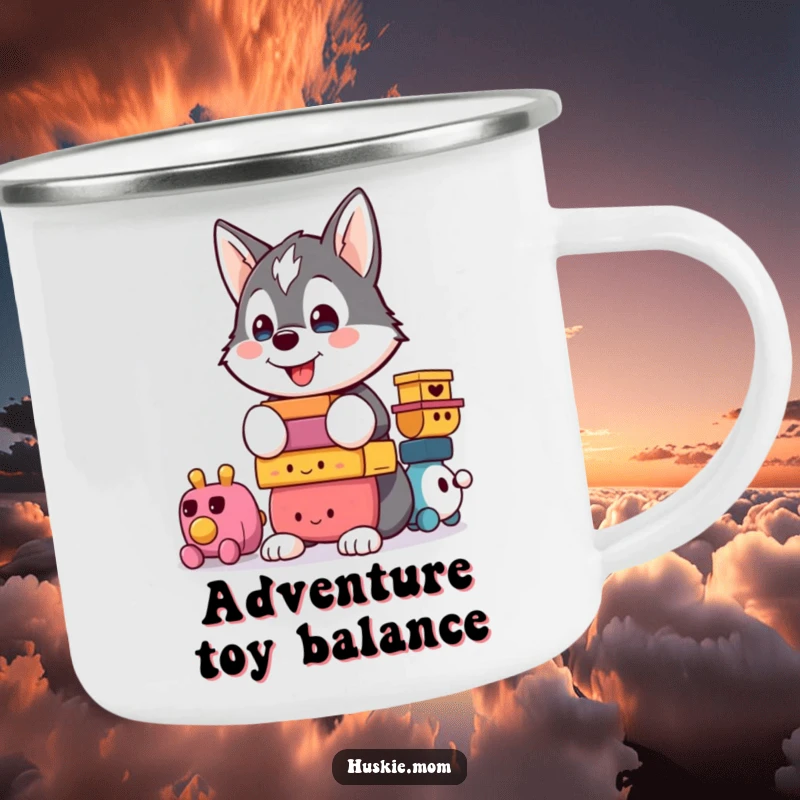 Funny Kawaii Husky Camping Mug: A proud husky balances campfire mugs, ready for outdoor fun.