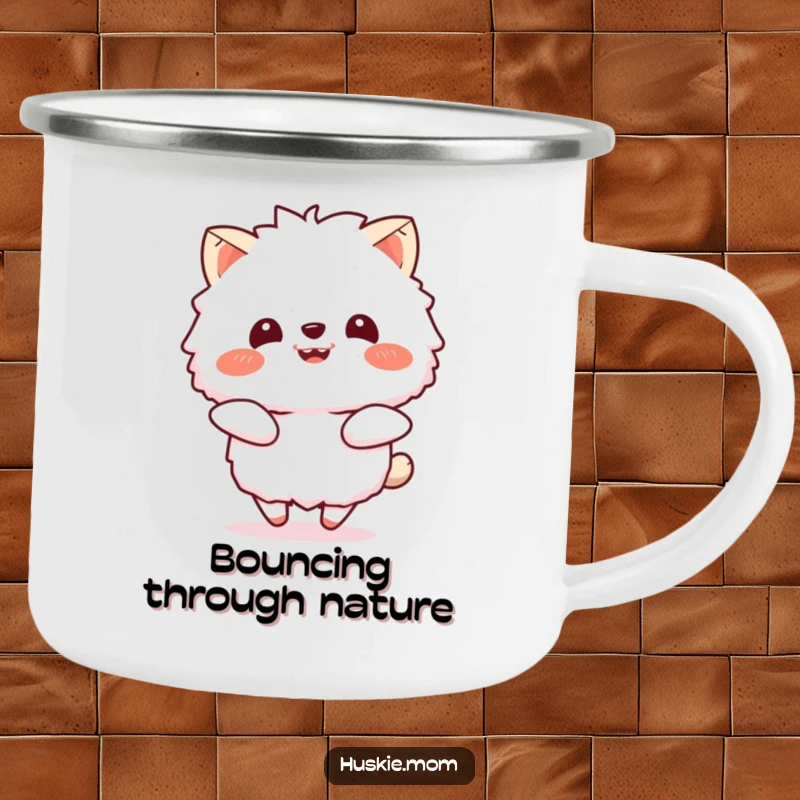 Funny camping mug depicting a fluffy animal bouncing with a beaming smile, perfect for adventures and adding infectious, humorous cheer.