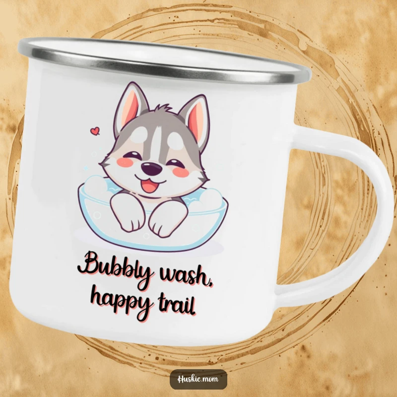 Funny Kawaii Husky Camping Mug: A durable mug featuring a cute Husky sighing happily in a bubble bath, perfect for tranquil outdoor moments.