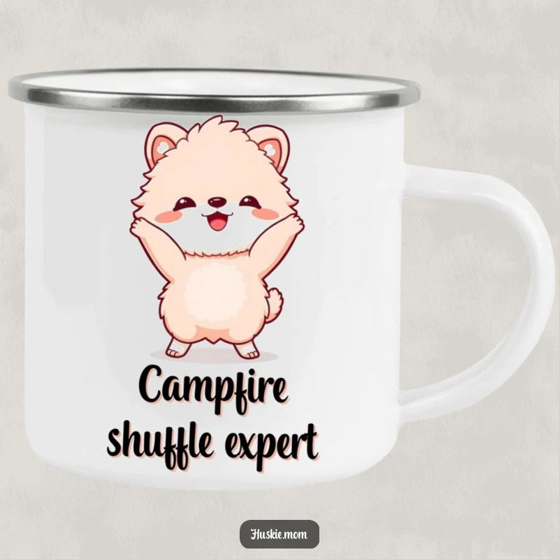 Funny Camping Mug: A cute fluffy animal with a wide grin, dancing energetically, perfect for campsite fun.