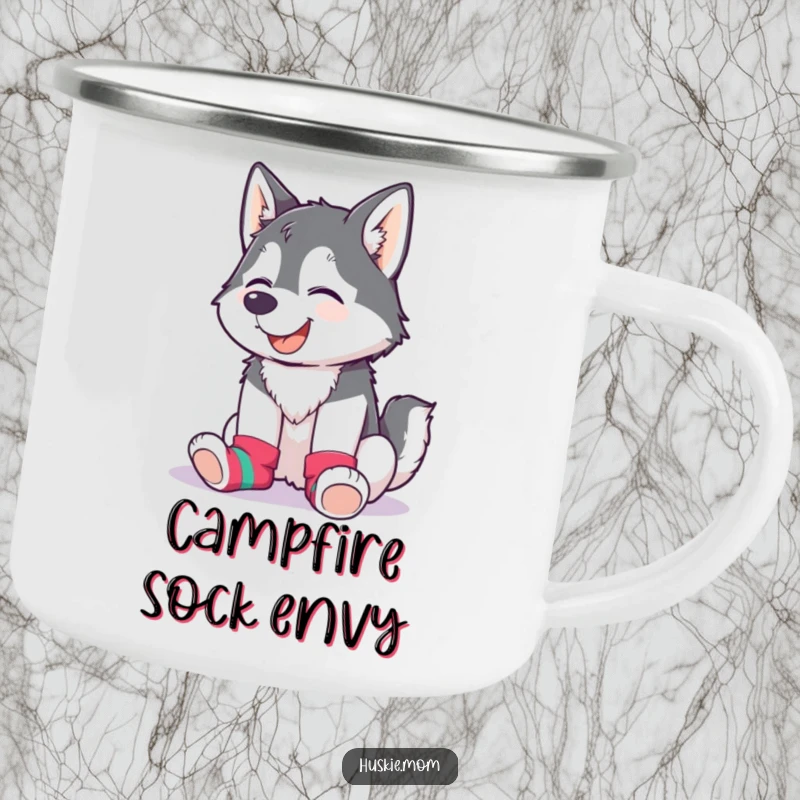 Funny Husky Lady Camping Mug depicting a giggling husky wearing mismatched colorful socks, ideal for outdoor fun.