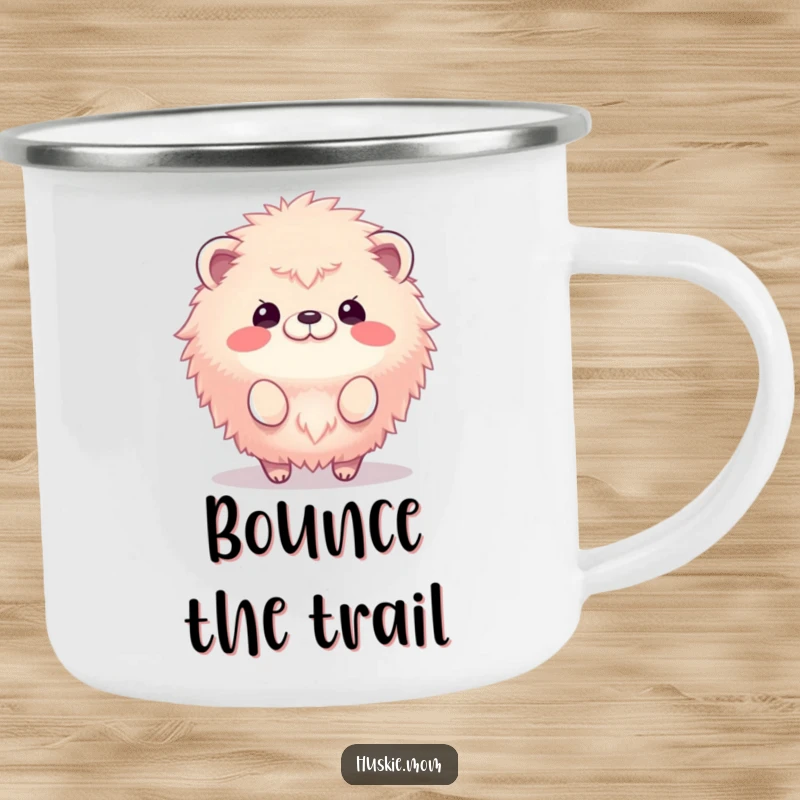 Funny camping mug featuring a fluffy animal bouncing energetically, designed for outdoor enjoyment and cheerful sips.