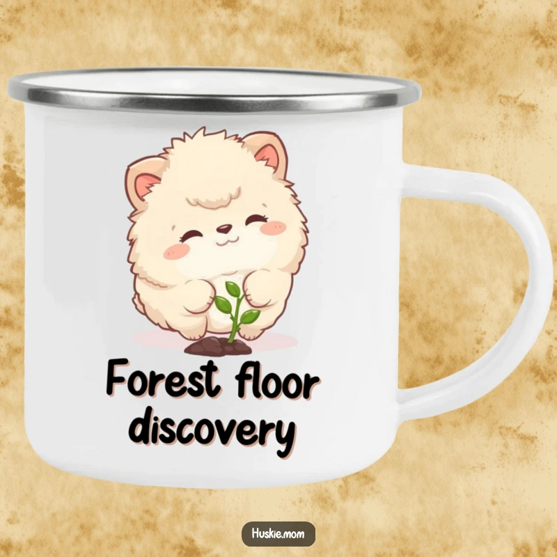 Funny camping mug with a fluffy animal curiously nudging a tiny sprout, ideal for outdoor moments and gentle humor.