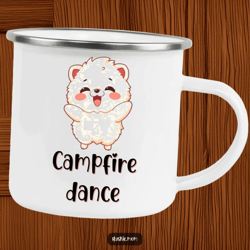 Funny camping mug featuring a delighted fluffy animal dancing playfully, perfect for outdoor enjoyment.
