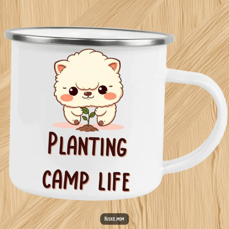 Funny camping mug featuring a determined fluffy animal planting a seed, perfect for outdoor inspiration.