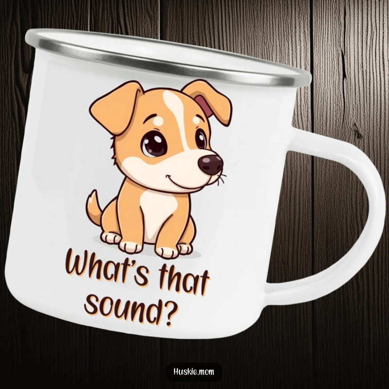 Funny dog tipping its head with a curious and playful look on a sturdy camping mug, perfect for adventurous moments.
