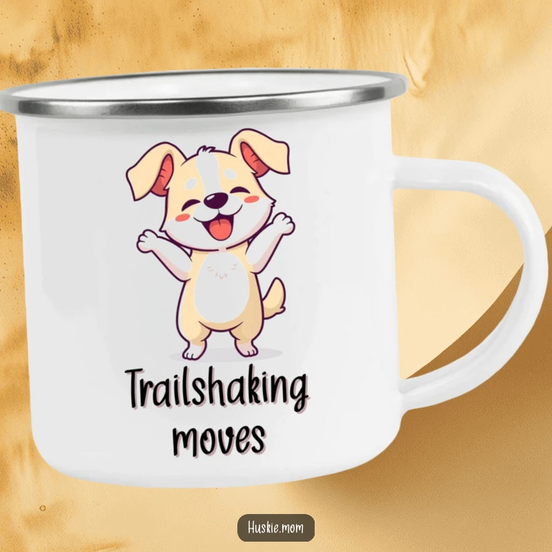Funny dog dancing camping mug, featuring a dog's energetic jig with floppy ears, ideal for outdoor enthusiasts and humor lovers.