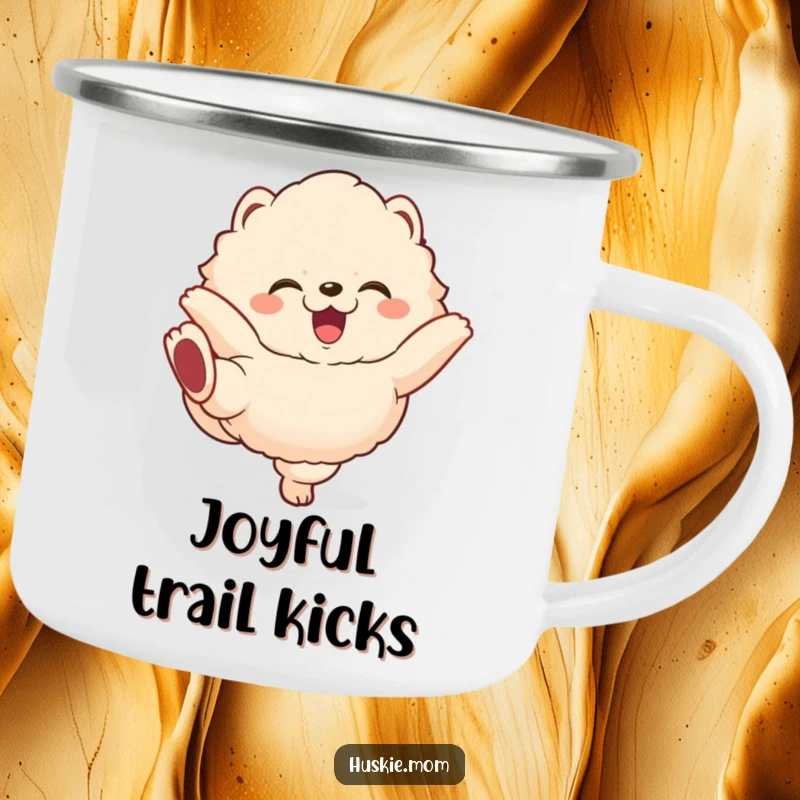 Funny fluffy animal camping mug showing a gleeful creature comically kicking its legs, perfect for enjoying drinks with humorous delight.