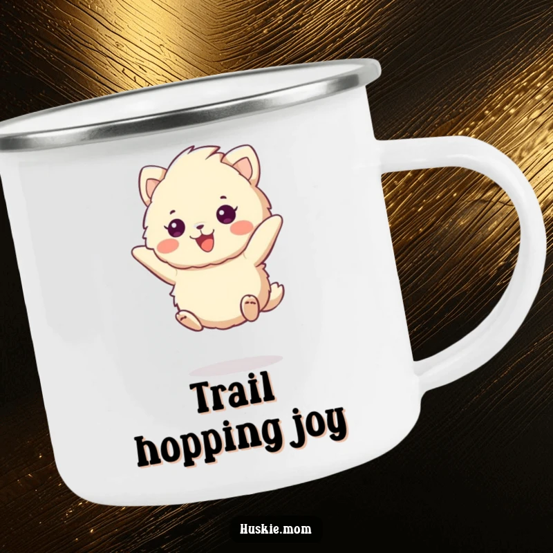 Funny fluffy animal camping mug jumping with a cheerful expression, perfect for outdoor adventures and energetic moments.