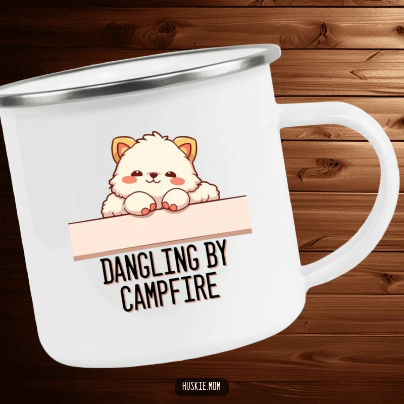 Funny camping mug illustration of a fluffy animal in a relaxed lounging pose, paws dangling, perfect for downtime outdoors.