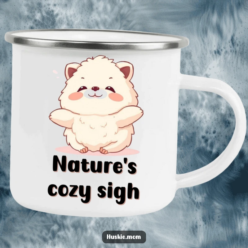 Funny Fluffy Animal Camping Mug: A contented creature stretching in the breeze during an outdoor setting, bringing humor and relaxation.