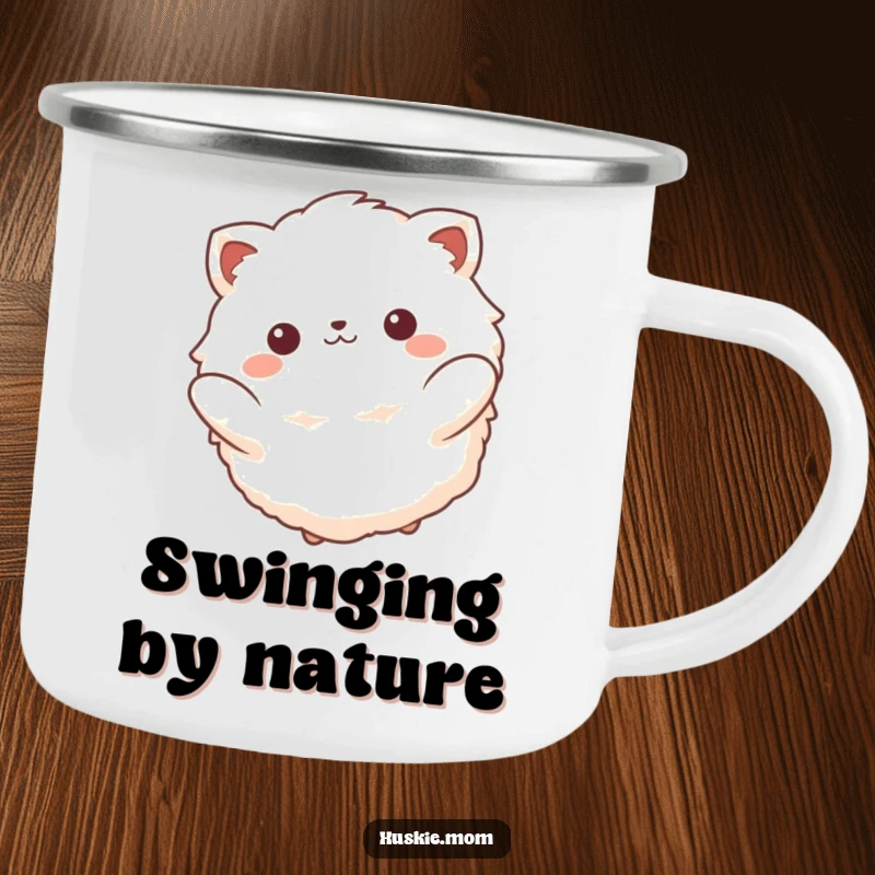 Funny camping mug depicting a fluffy animal with a peaceful smile, gently swinging back and forth, ideal for relaxed outdoor moments.