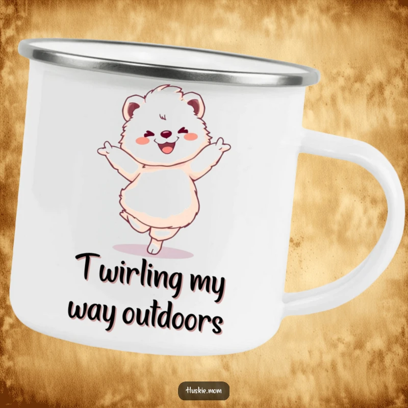 Funny camping mug with a fluffy animal doing a pirouette, ideal for outdoor enthusiasts who appreciate humor.