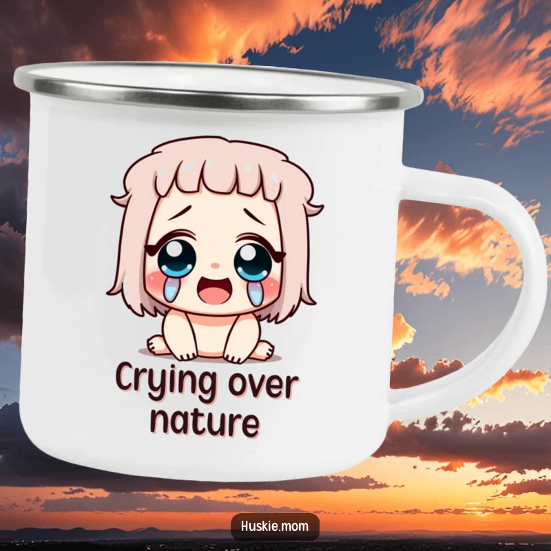 Funny enamel camping mug depicting a character crying tears of pure joy, eyes closed in laughter, ideal for outdoor merriment.