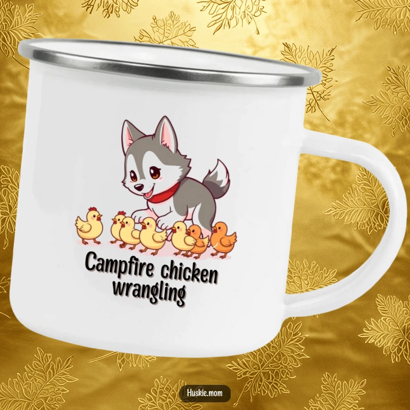 Funny Husky Lady Camping Mug depicting a husky attempting to herd tiny chickens, ideal for outdoor fun.