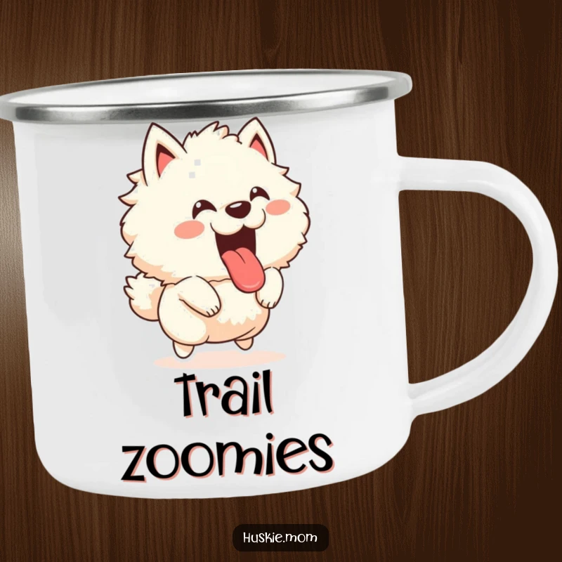 Funny camping mug with a fluffy animal joyfully leaping with its tongue out and a happy bark, ideal for outdoor fun and energy.